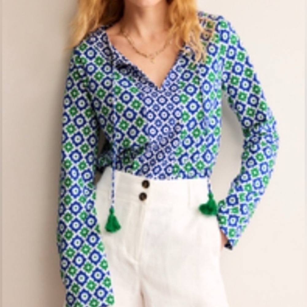 NEW Boden Doublecloth Blouson sleeve 100%Cotton top, navy green and white, sz 6